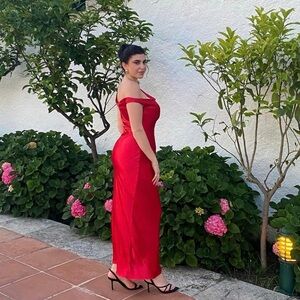 Ever New Off the shoulder maxi satin wedding guest dress